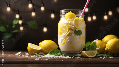Tropical Zest in a Jar: Summer Lemon Coconut Smoothie Served in Mason Jar