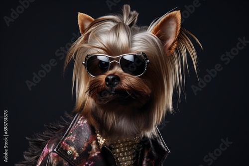 Portrait of a dog with a fashionable haircut wears sunglasses and floral leather jacket