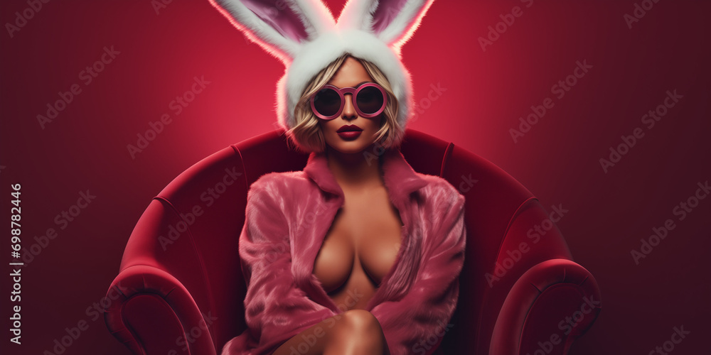 pretty sexy woman with bunny ears - obrazy, fototapety, plakaty 