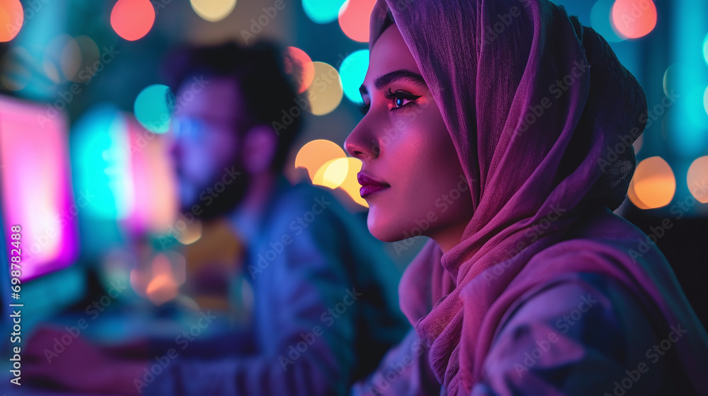 A digital agency with a Middle-Eastern female and a White male creating content, backlit by colorful bokeh lights 