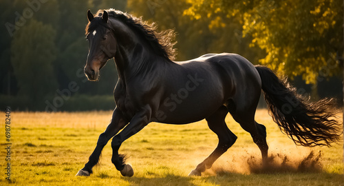 Beautiful dark horse runs in nature
