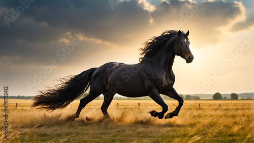 Beautiful dark horse runs in outside