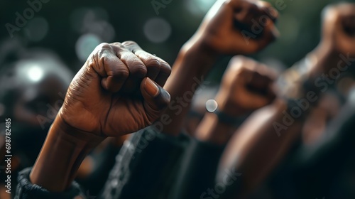 African American Black people's fist sign of struggle, Struggle, Resistance, Fight or revolt, Black people making Fist in protest, Closeup fist of black man, Anti-racism or social justice protest photo