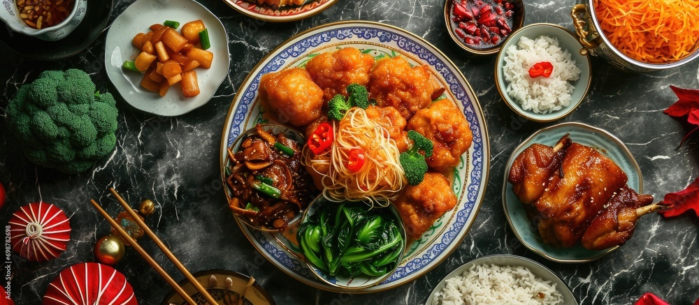 Chinese New Year dish "Poon Choi" is served during Lunar New Year and symbolizes happiness. - obrazy, fototapety, plakaty 