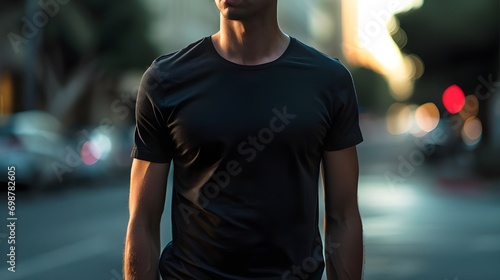 Young male person wearing plain black tshirt mockup, Front view of young guy standing  wearing black blank shirt for print design mockup placement © Delights