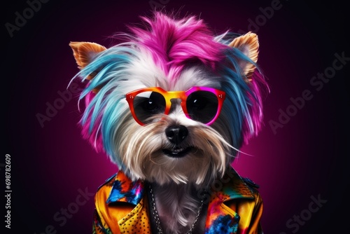 Portrait of a dog with a fashionable pink and blue haircut wears sunglasses and colorful shirt