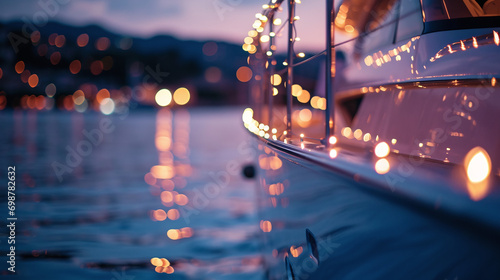 A luxury yacht charter in the Mediterranean with bokeh lights reflecting on the tranquil waters as guests enjoy a lavish dinner cruise  photo