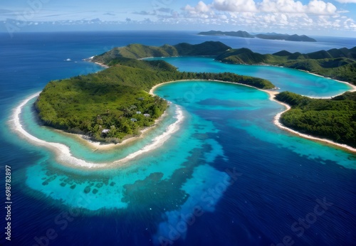 a bird's eye perspective of a tropical island with clear turquoise waters © Rezhwan