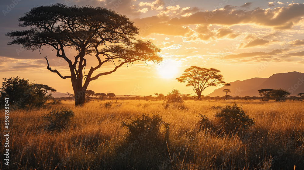 African Savannah at Sunrise Capturing the Essence of Wildlife and Nature 