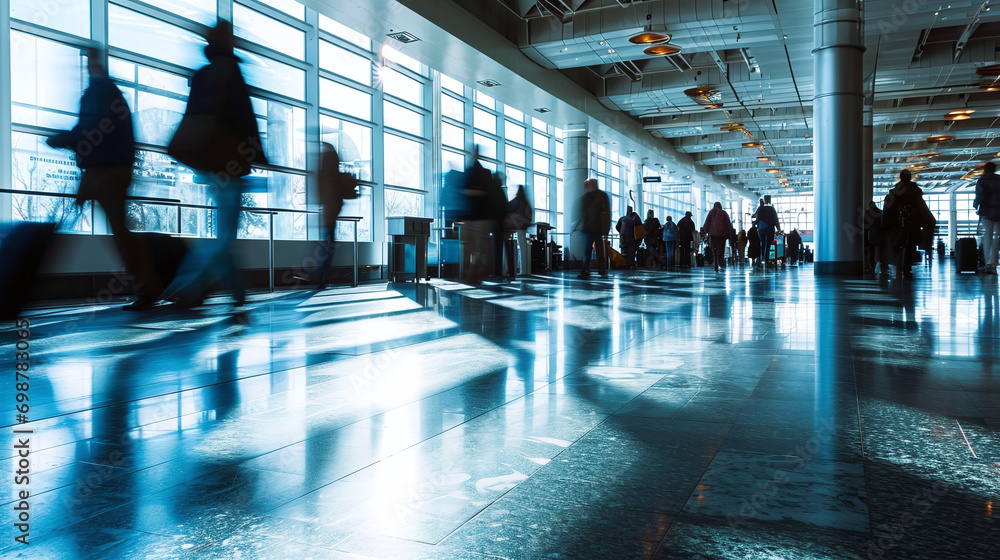 Airport Check-in Area, Travelers and Lines, Motion Blur Airport Check-in Area, Travelers and Lines, Motion Blur