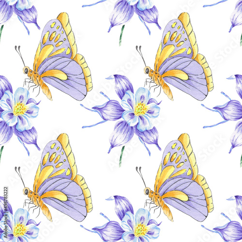 Watercolor seamless pattern flower butterfly anemone hand drawn botanical style. Art print for wallpaper  textile  wrapping paper  scrapbooking design