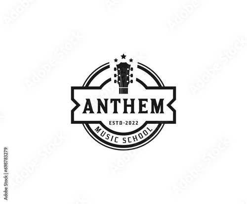 Vintage retro classic guitar, country music festival emblem, and band classic logo