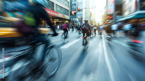 Busy Bicycle Lane in City, Cyclists in Motion, Blur 