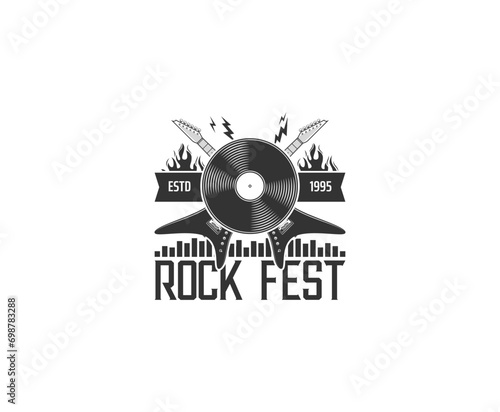Vintage retro classic guitar, country music festival emblem, and band classic logo