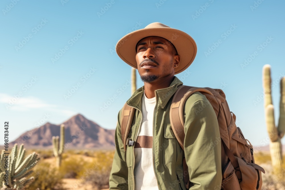 African American man traveling alone in the Mexico. wearing a hat and carrying a backpack.