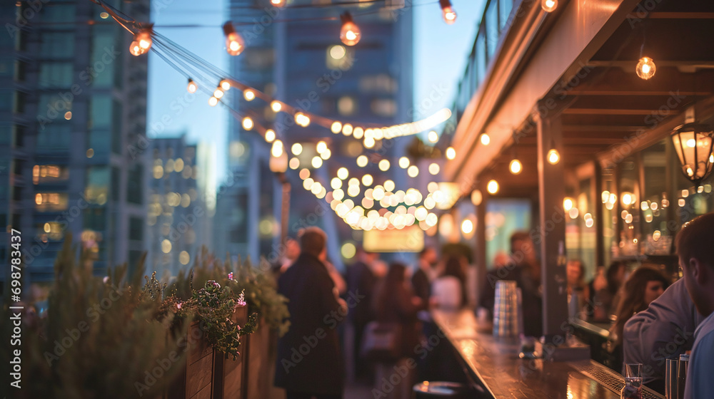 City Rooftop Bar Evening, Guests Mingling, Blurry Lights 
