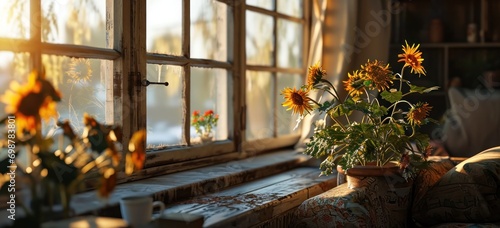 Cozy interior window sill with flowers basking in golden hour sunlight. Home comfort and design.