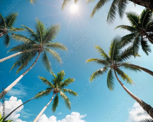 a group of palm trees against a blue sky, coconut palms