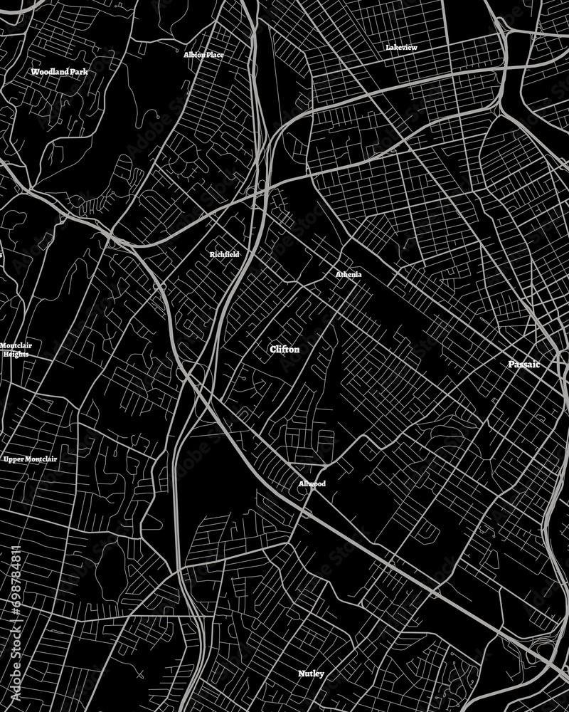 Detailed Dark Map of Clifton New Jersey