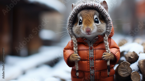 Chipmunks in a warm winter hat, outside photo
