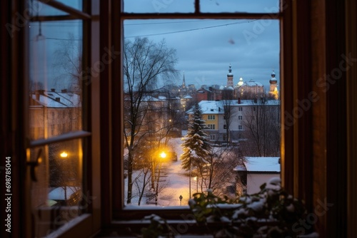 Snow-covered landscape from the window, fireworks, aesthetics