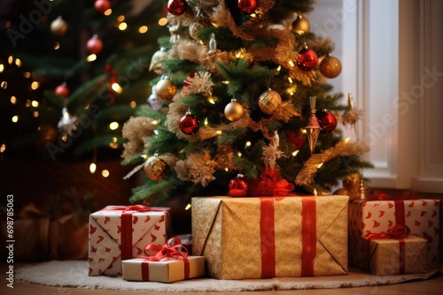 Beautiful Christmas gifts under tree on floor in room