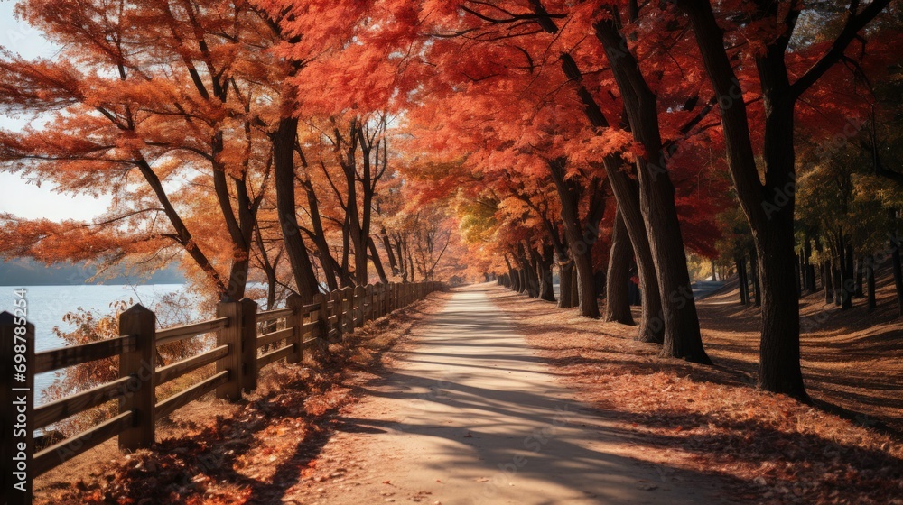 Autumn Road: A Picturesque Landscape of Red Autumnal Leaves