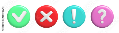 3d Control sign, warning, caution, cross . Realistic question mark, exclamation mark .Right and wrong 3D Button .Vector illustration