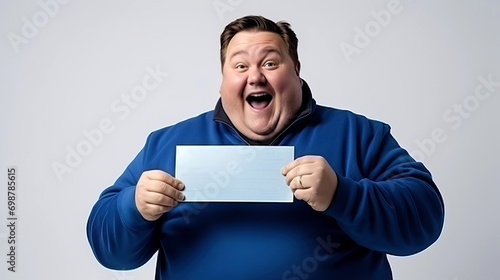 Surprised fat man holding a blank card. Portrait of a fat man in a blue sweatshirt with a blank sheet of paper in his hands. verweight plus size big fat fit man wear blue sweater with card.