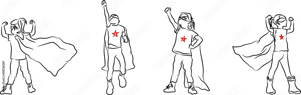 Kid daughter child playing super hero. Hand drawn line drawing vector illustration Kid daughter child playing super hero. Hand drawn line drawing vector illustration