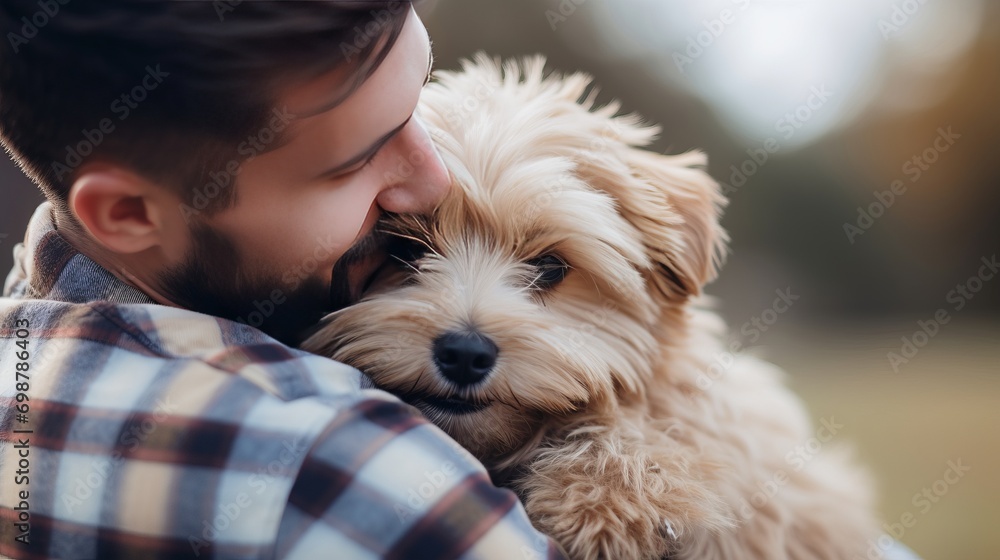 Man hug tightly his beloved puppy. Banner with copy space Man hug tightly his beloved puppy. Banner with copy space