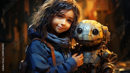 Small beautiful girl hug her robotic friend