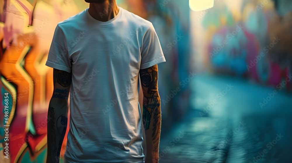 Obraz premium Young male model posing in front of graffiti walll wearing casual plain cotton white tshirt, Mockup placement on white shirt available with copy space