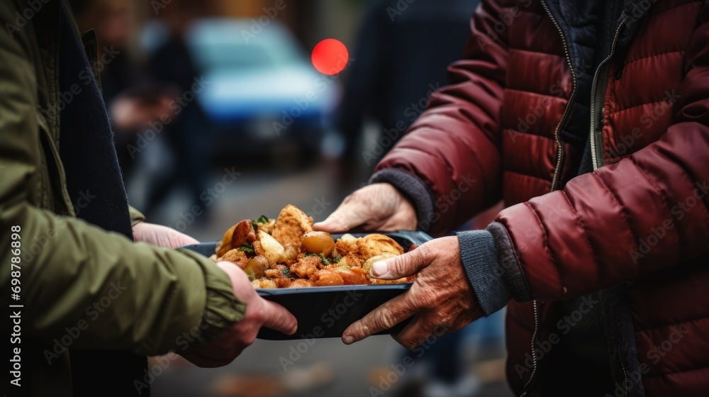 Close up of volunteers hands offering a warm meal to a homeless people, illustrating the importance of food assistance programs