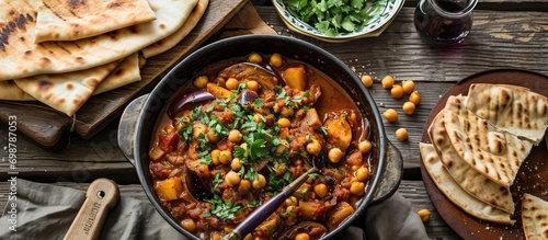 Lebanese vegetarian stew with eggplant, chickpeas, and pita bread in a modern design pot. photo
