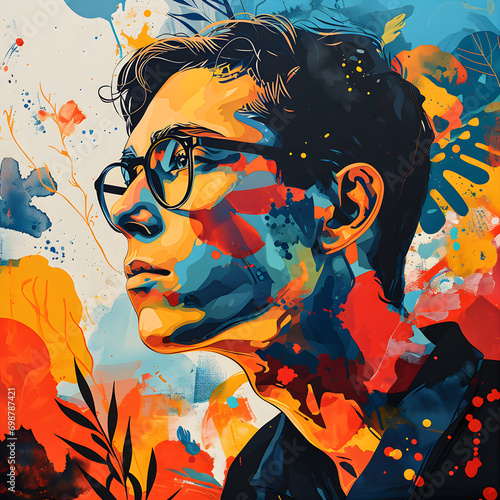 The poster shows a man with abstract designs on his face and glasses,