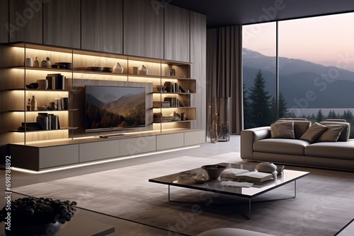 A high-tech entertainment unit with built-in LED lights, showcasing the latest audiovisual equipment in a sophisticated contemporary living room.