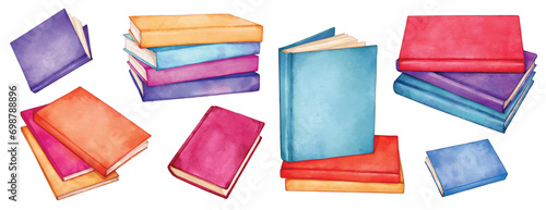 Stack of books. school books pile. education book heap. Study books pile. Textbook stack for reading. hand drawn watercolor illustration	
