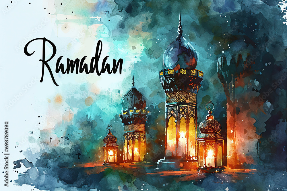 Ramadan watercolor illustration oriental lanterns evening atmosphere