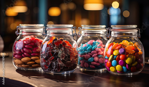 Glass jars with different candies bright colorful photo