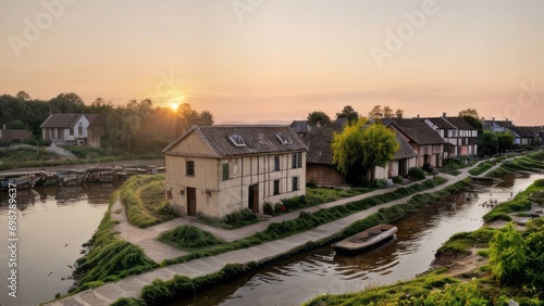 a photograph of a village in nature landscape, sunset