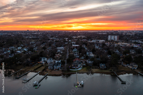 Aerial View of Homes on the Lafayette River in Norfolk Virginia At Sunset Looking Across the City photo