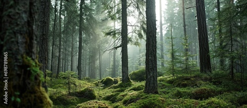 Finnish evergreen forests symbolize peaceful ecology, conservation. photo