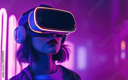 Girl in virtual reality helmet in purple neon lights, virtual world © Alina Zavhorodnii