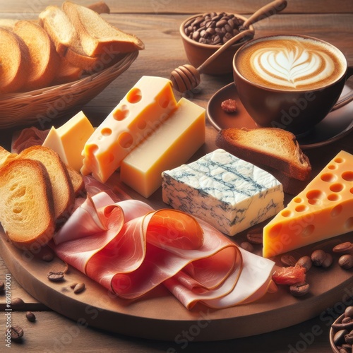 Beautiful gourmet breakfast of toast, fruits, cheese, ham, coffee on a wooden board, generated by artificial intelligence