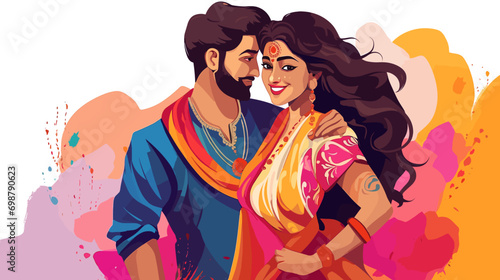 copy space  attractive vector illustration  even colors  an indian man and indian woman celebrating holi festival. illustration of the holi festival in India. Group of smiling people  colored smiling