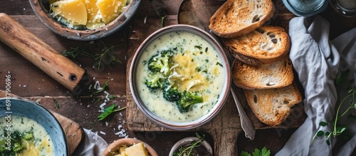 Bird's-eye view of cheesy broccoli soup with toasted bread on a wooden table.