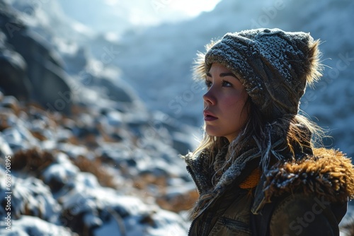 Girl wearing a chic winter coat and fur hat and snowy mountain landscape