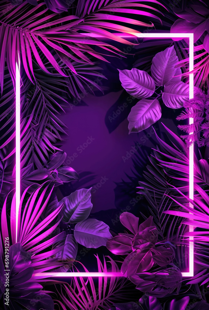 Neon light from a rectangle in tropical sprouts Mockup Neon light from a rectangle in tropical sprouts Mockup
