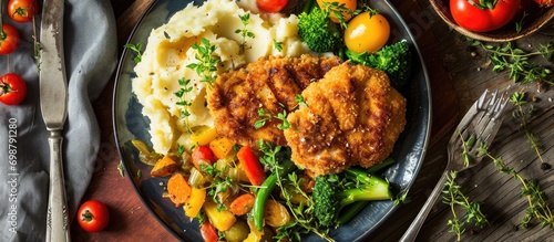 Breaded pork chop with mashed potatoes and veggies. Top view. photo